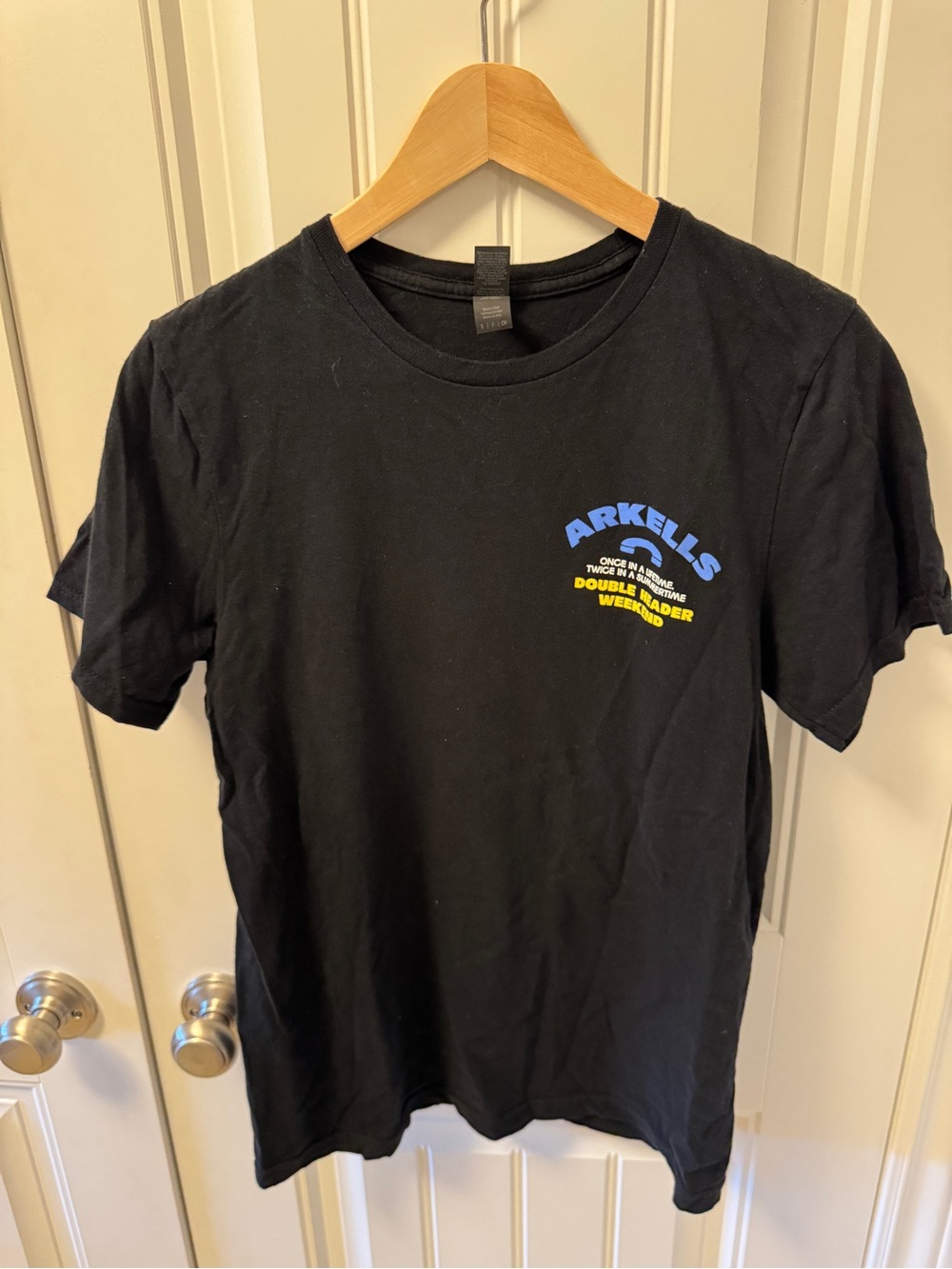 Gildan Black Short Sleeve Concert Tee with Blue and Yellow Arkells Logo